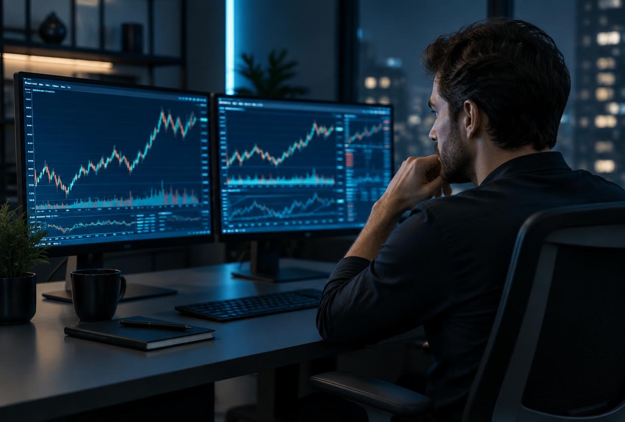 Trader membuat analisis carta saham di skrin